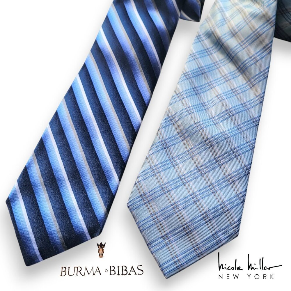Lot of (2) 100% Silk Blue Ties Nicole Miller + Burma Bibas Striped & Plaid
